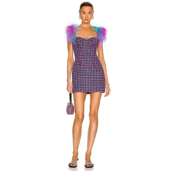 AREA Feather Strap Mini Dress in Fuchsia & Aqua 2 New womens Tweed Cocktail - Picture 1 of 17